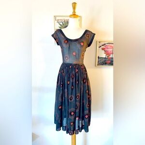 Vintage 1950s Jerry Gilden Spectator Sheer Cotton Day Dress Grey Pink Floral XS